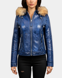 Women’s Detachable Hoodie Biker Leather Jacket – Lily Radiant Blue – product view 1
