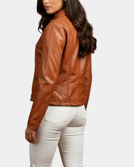 Women's Classic Leather Biker Zip Box Jacket Dynamo Tan