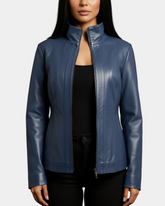 Women's Classic Zip Fastening Leather Jacket Julia Radiant Blue