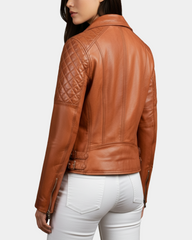 Women's Cross Zip Biker Leather Jacket Claudia Celestial Cognac