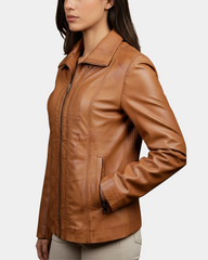 Women's Classic Zip Fastening Leather Jacket Julia Dynamo Tan