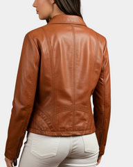 Women's Classic Leather Biker Zip Box Jacket Dynamo Tan