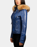 Women’s Detachable Hoodie Biker Leather Jacket – Lily Radiant Blue – product view 3