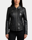 Women’s Classic Leather Biker Zip Box Jacket – Nova Black – product view 1