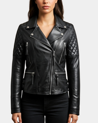 Women's Cross Zip Biker Leather Jacket Claudia Nova Black