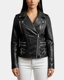 Women’s Cross Zip Biker Leather Jacket – Cara Nova Black – product view 1