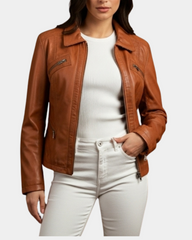Women's Classic Leather Biker Zip Box Jacket Dynamo Tan