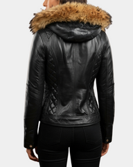 Women's Detachable Hoodie Biker Leather Jacket Lily Nova Black