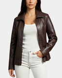 Women’s Classic Zip-Fastening Leather Jacket – Julia Zenith Brown – product view 1