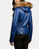 Women’s Detachable Hoodie Biker Leather Jacket – Lily Radiant Blue – product view 2