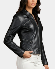 Women's Classic Leather Biker Zip Box Jacket Nova Black