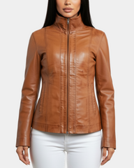 Women's Classic Zip Fastening Leather Jacket Julia Dynamo Tan