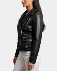 Women's Cross Zip Biker Leather Jacket Cara Nova Black