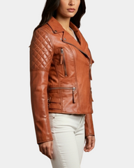 Women's Cross Zip Biker Leather Jacket Claudia Celestial Cognac