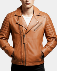 Mens Biker Leather Jacket Dual Zip Dynamo Tan