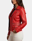Women’s Cross Zip Biker Leather Jacket – Cara Ignite Red – product view 3
