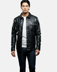Men's Leather Shirt Classic Trucker Style Oliver Nova Black