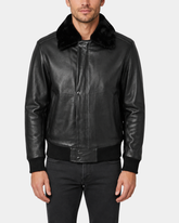 Men’s Leather Bomber Pilot Jacket with Removable Collar – Leroy Nova Black