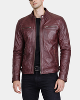 Mens Biker Leather Jacket Standing Collar Infinite Burgundy