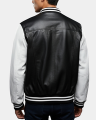 Men's Leather College Boy Varsity Jacket Garry Black Astral White