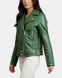 Women’s Leather Biker Jacket with Quilt Detail – Aurora Green – product view 3