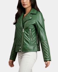Women's Leather Biker Jacket with Quilt Detail Aurora Green