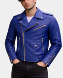 Men’s Heavy-Duty Leather Biker Brando Jacket – Radiant Blue – product view 3