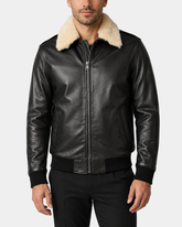 Men’s Bomber Leather Jacket with Sheepskin Collar – Viggo Nova Black