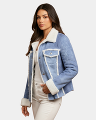 Women’s Real Sheepskin Trucker Jacket Kylie Denim Radiant Blue