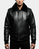 Men’s Leather Bomber Pilot Jacket with Removable Collar – Leroy Nova Black – product view 3