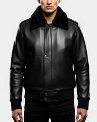 Men's Leather Bomber Pilot Jacket Removable Collar Leroy Nova Black