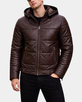 Men's Leather Hooded Puffer Jacket Zenith Brown