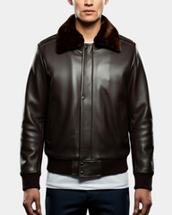 Men's Leather Bomber Pilot Jacket Removable Collar Leroy Zenith Brown