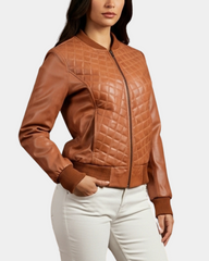 Women’s Leather Varsity Quilted Bomber Jacket in Dynamo Tan