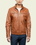 Men’s Standing Collar Leather Jacket – Tony Dynamo Tan – product view 1