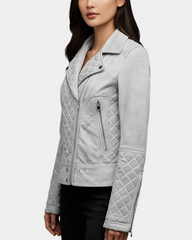 Women's Leather Biker Jacket with Quilt Detail Vintage Astral White