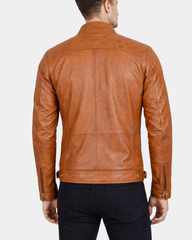 Men’s Biker Leather Jacket with Standing Collar Bowie Dynamo Tan
