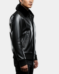 Men's Leather Bomber Pilot Jacket Removable Collar Leroy Nova Black