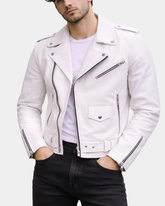 Mens Heavy Duty Leather Biker Brando Jacket Astral White