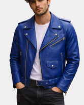 Mens Heavy Duty Leather Biker Brando Jacket Radiant Blue