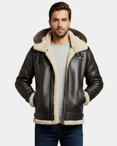 Men’s Bomber Flying Aviator RAF B3 Real Leather Sheepskin Jacket Zenith Brown Hooded