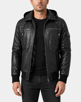 Men’s Leather Bomber Jacket with Hoodie – Bronx Nova Black