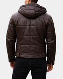 Men’s Leather Hooded Puffer Jacket – Zenith Brown – product view 2