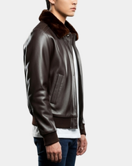 Men's Leather Bomber Pilot Jacket Removable Collar Leroy Zenith Brown