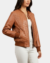 Women’s Leather Varsity Quilted Bomber Jacket in Dynamo Tan