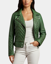 Women's Leather Biker Jacket with Quilt Detail Aurora Green