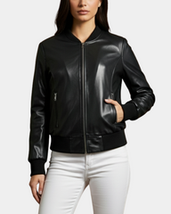 Women’s Real Leather Varsity Bomber Jacket Nova Black