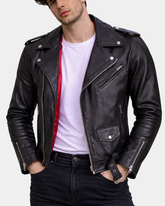 Mens Leather Biker Jacket Brando Style Johnny Dynamo Nova Black
