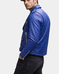 Mens Heavy Duty Leather Biker Brando Jacket Radiant Blue