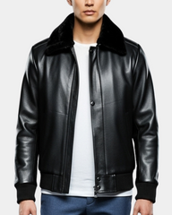 Men's Leather Bomber Pilot Jacket Removable Collar Leroy Nova Black